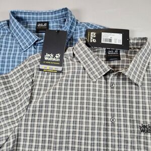 Lot of 2 JACK WOLFSKIN Mens Shirt XXL Hiking Short Sleeve Blue Gray Check NWT